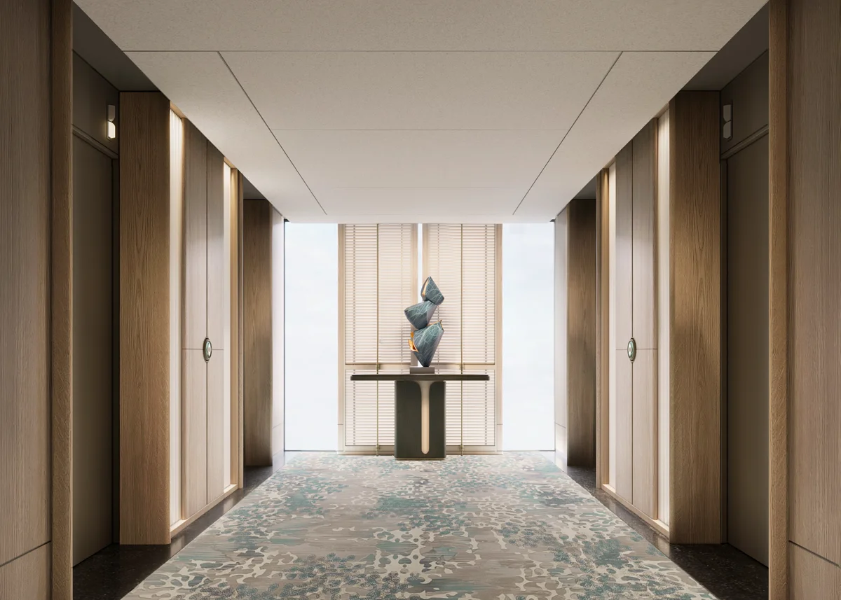 Natural textures, warm neutral tones, wood finishes, stone, glass, metal and woven details create a balance between modern sophistication and local craftsmanship.